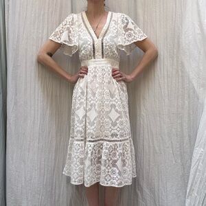 White Lace Midi Dress with Bell Sleeves by Vici Cotton Angel Coquette Dress